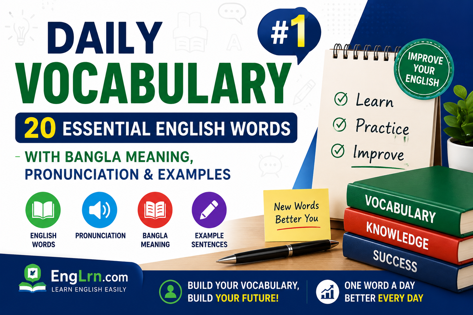 Daily Vocabulary #1 20 Essential English Words with Bangla Meaning