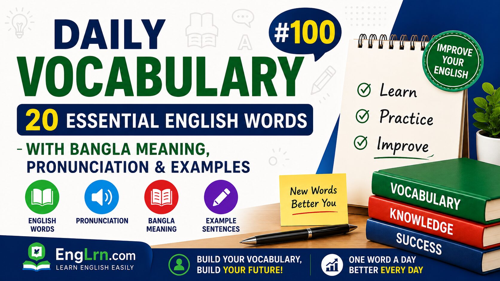 Daily Vocabulary #100, 20 Essential English Words with Bangla Meaning