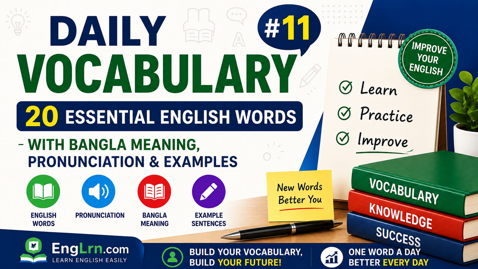 Daily Vocabulary #11, 20 Essential English Words with Bangla Meaning