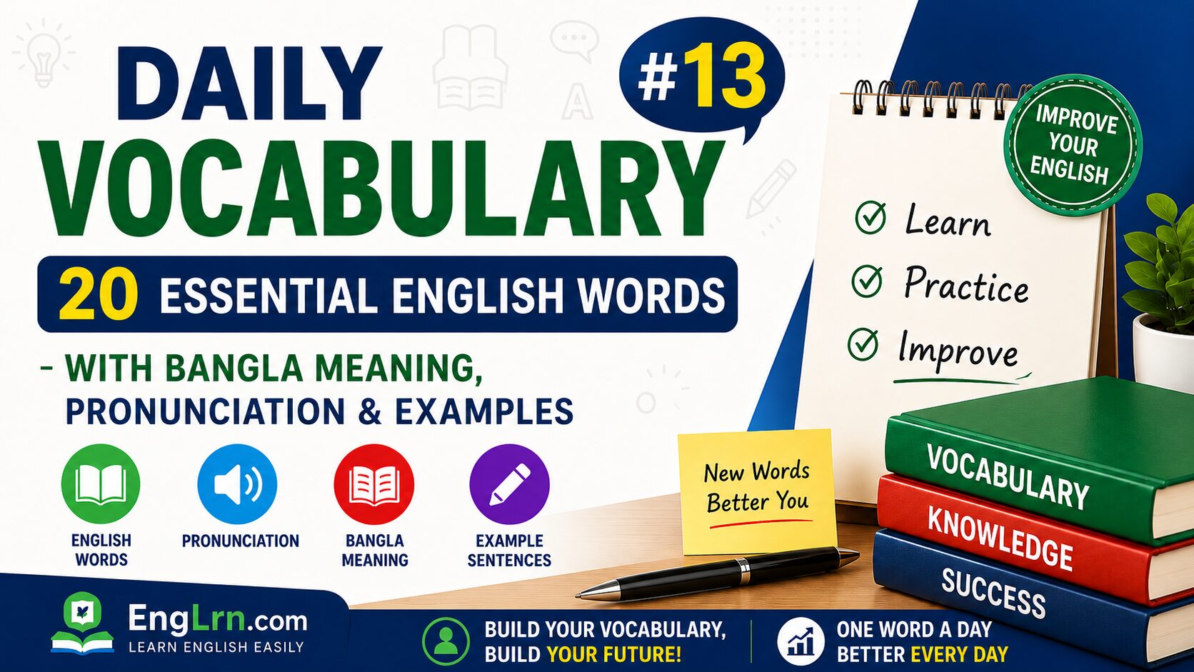 Daily Vocabulary #13, 20 Essential English Words with Bangla Meaning