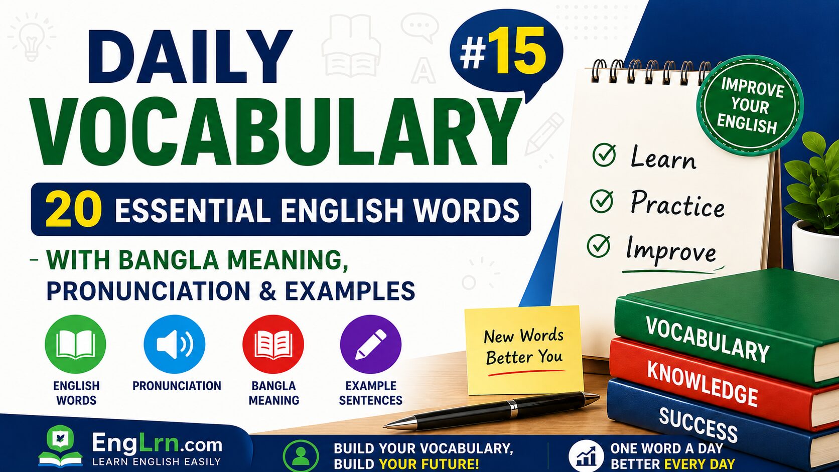 Daily Vocabulary #15, 20 Essential English Words with Bangla Meaning