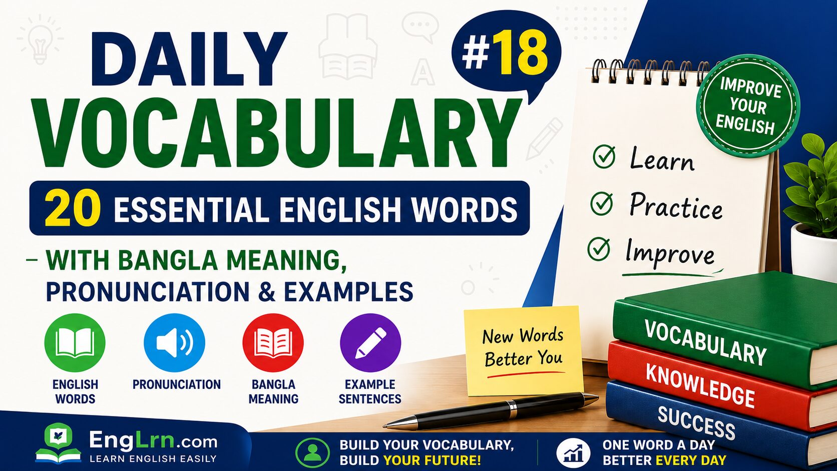 Daily Vocabulary #18, 20 Essential English Words with Bangla Meaning