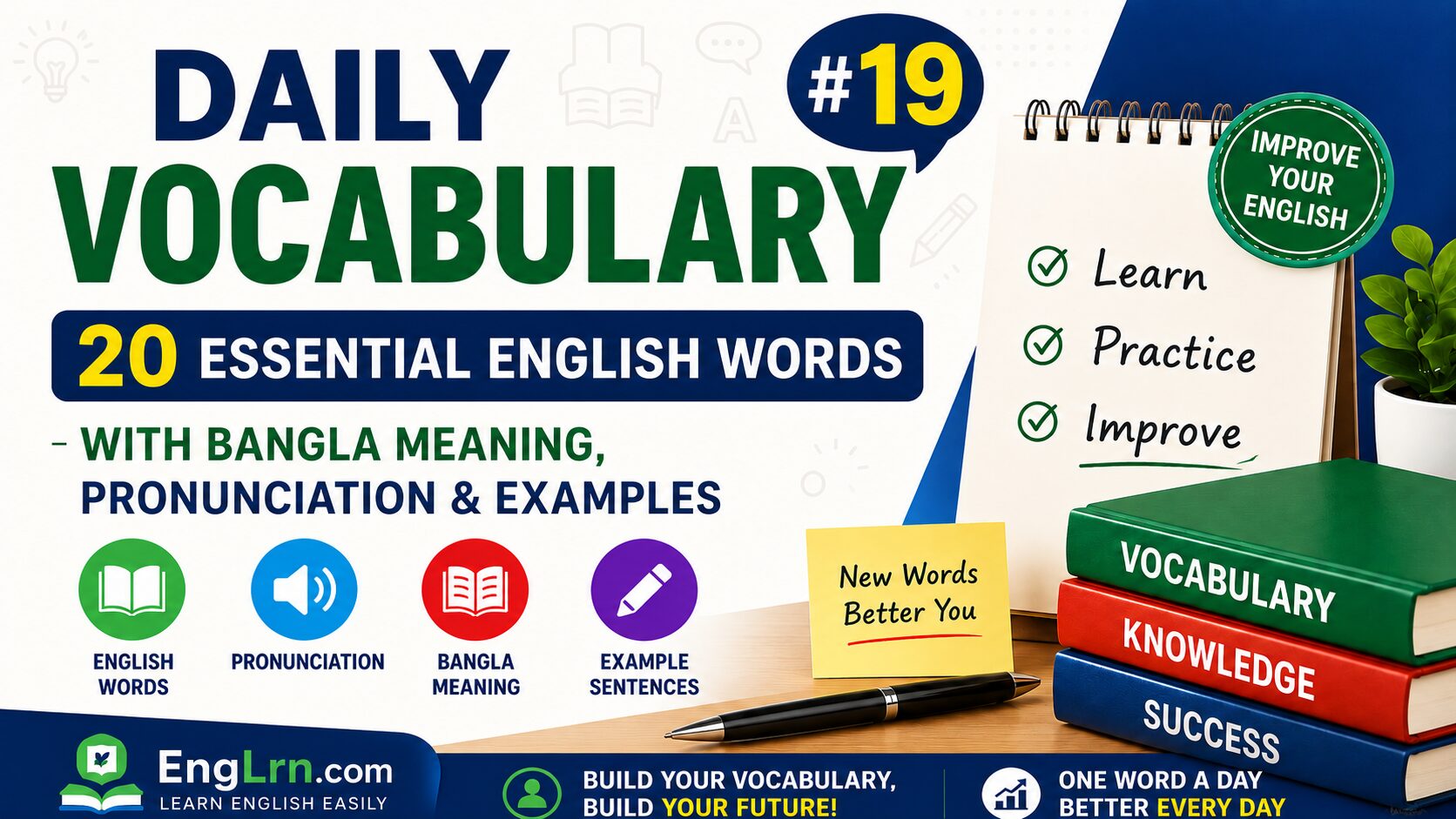 Daily Vocabulary #19, 20 Essential English Words with Bangla Meaning