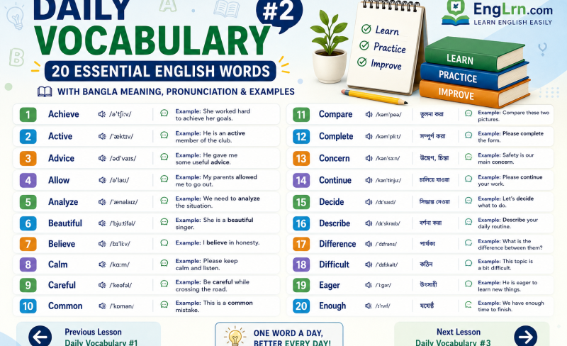 Daily Vocabulary #2 20 Useful English Words with Bangla Meaning