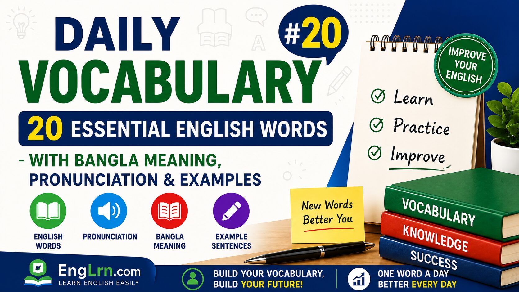 Daily Vocabulary #20, 20 Essential English Words with Bangla Meaning