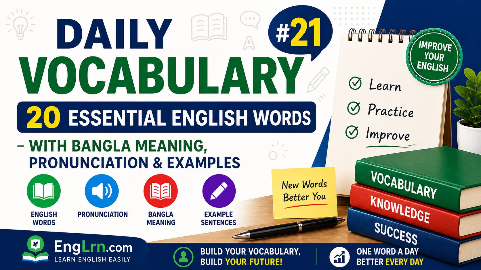 Daily Vocabulary #21, 20 Essential English Words with Bangla Meaning