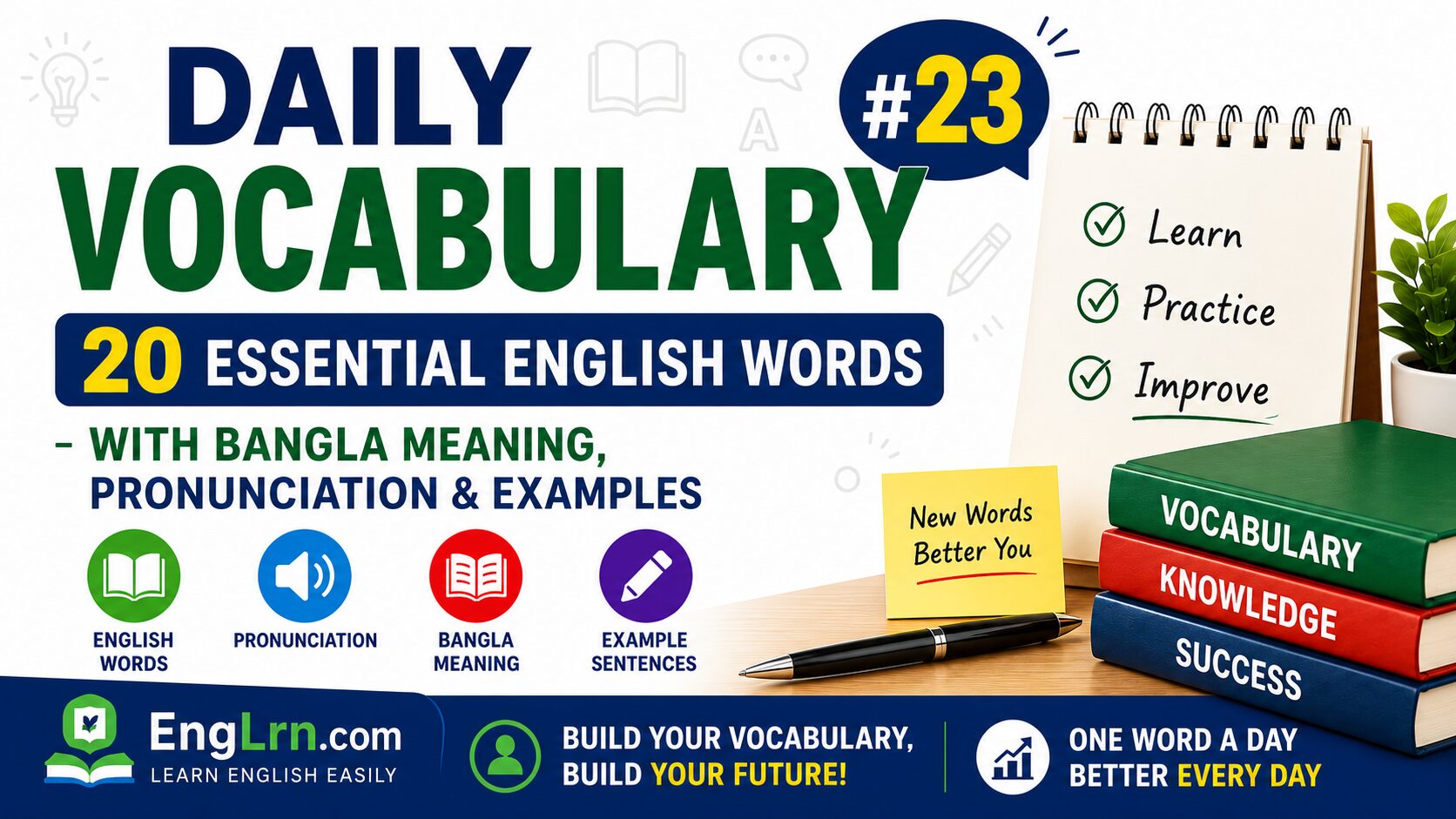 Daily Vocabulary #23, 20 Essential English Words with Bangla Meaning
