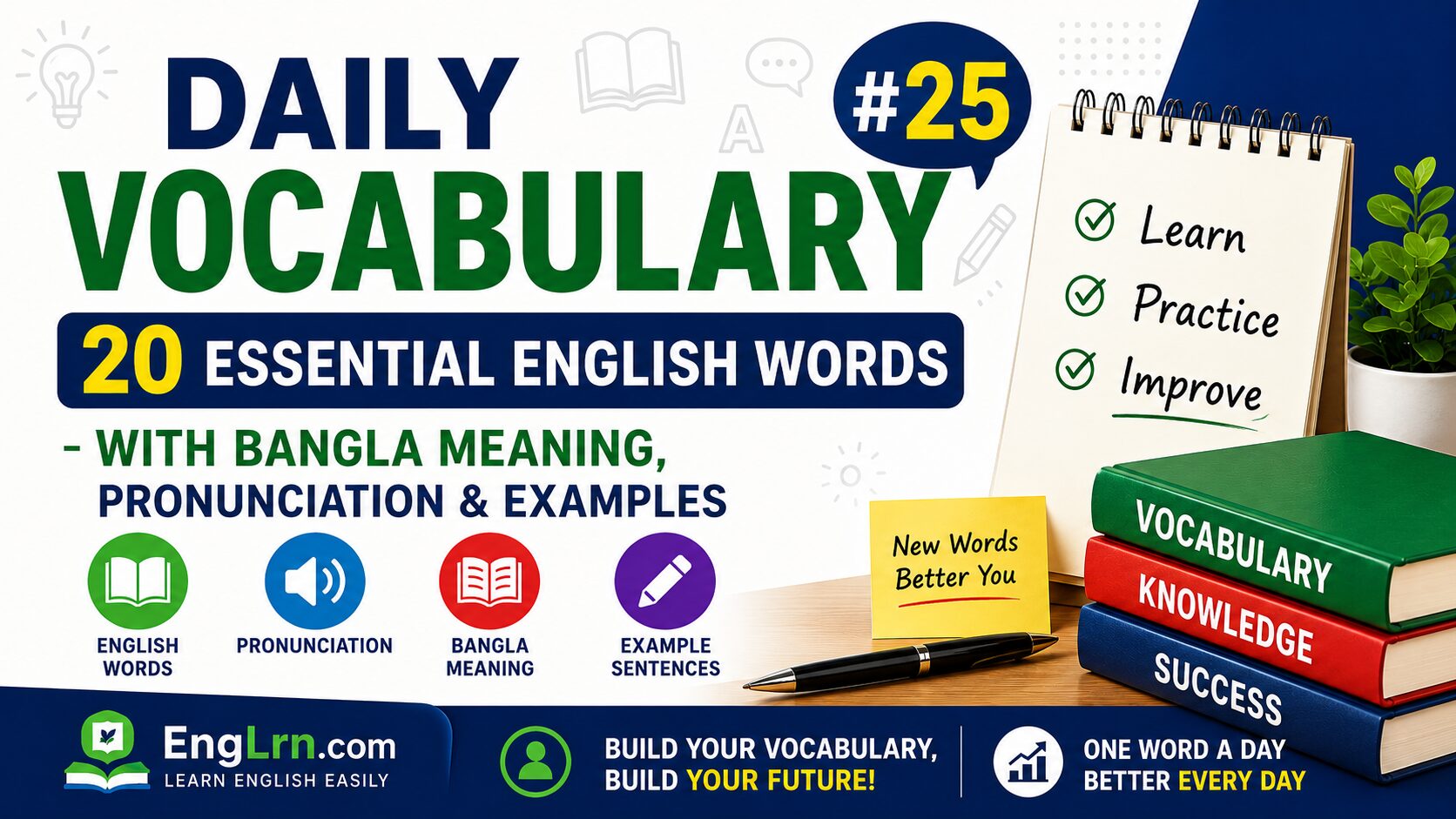 Daily Vocabulary #25, 20 Essential English Words with Bangla Meaning