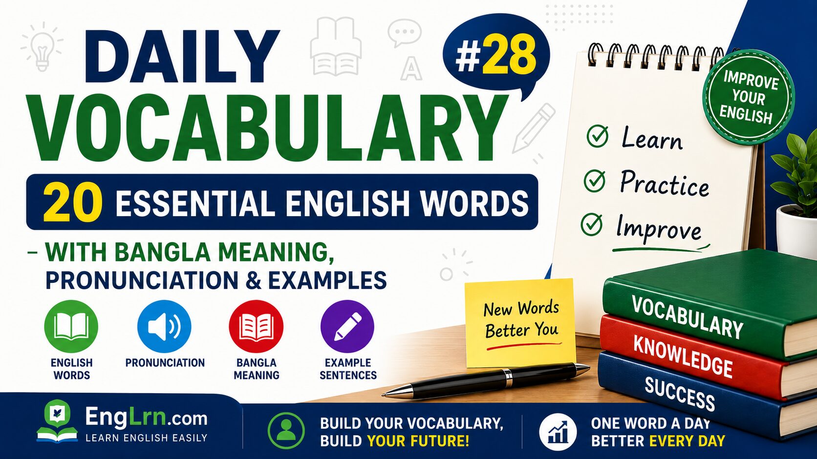 Daily Vocabulary #28, 20 Essential English Words with Bangla Meaning
