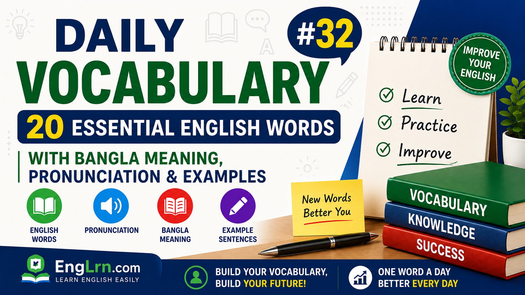 Daily Vocabulary #32, 20 Essential English Words with Bangla Meaning
