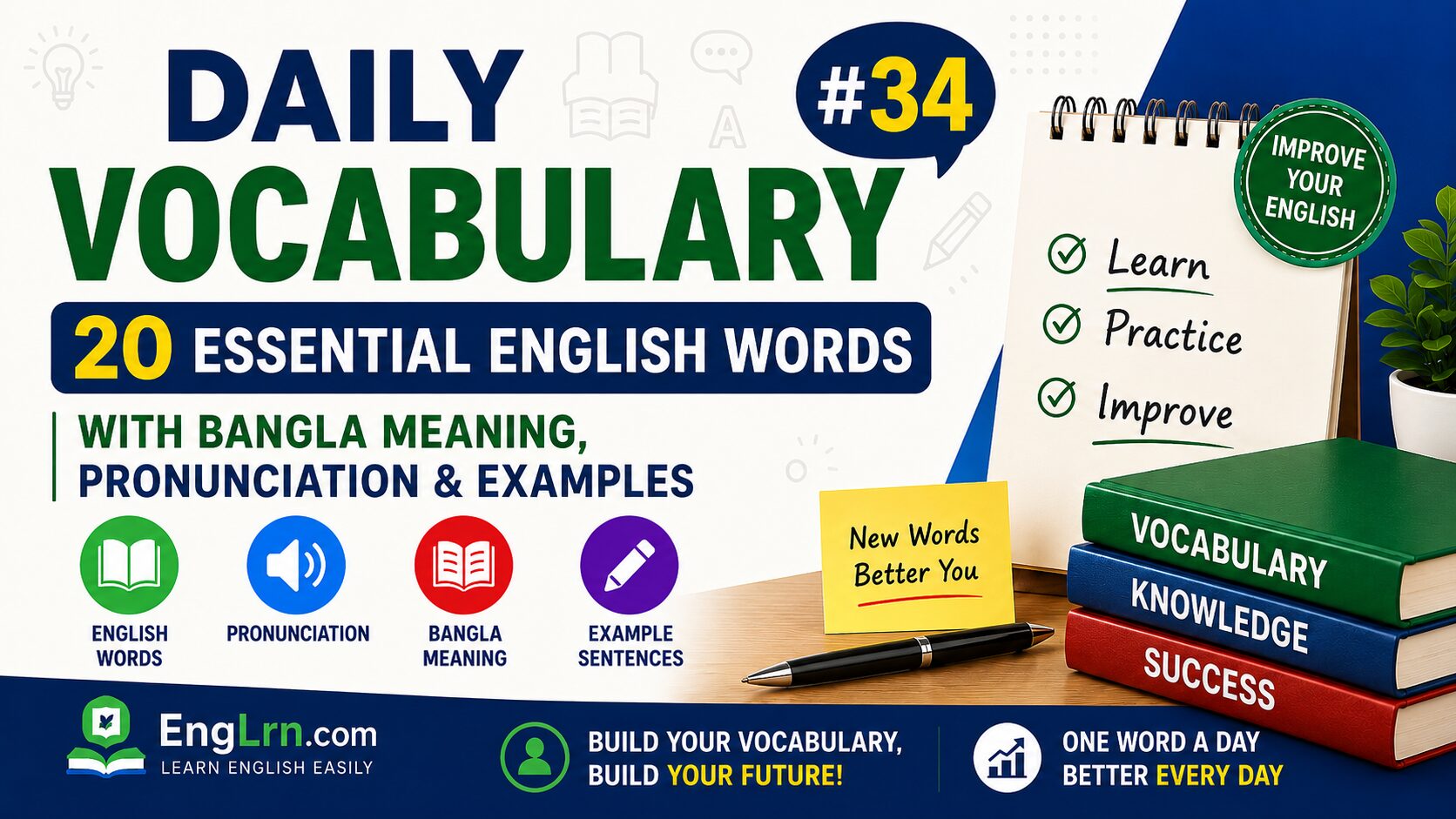 Daily Vocabulary #34, 20 Essential English Words with Bangla Meaning