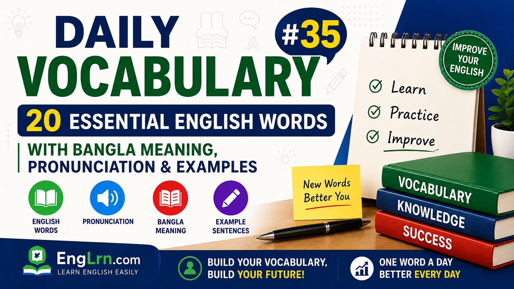 Daily Vocabulary #35, 20 Essential English Words with Bangla Meaning