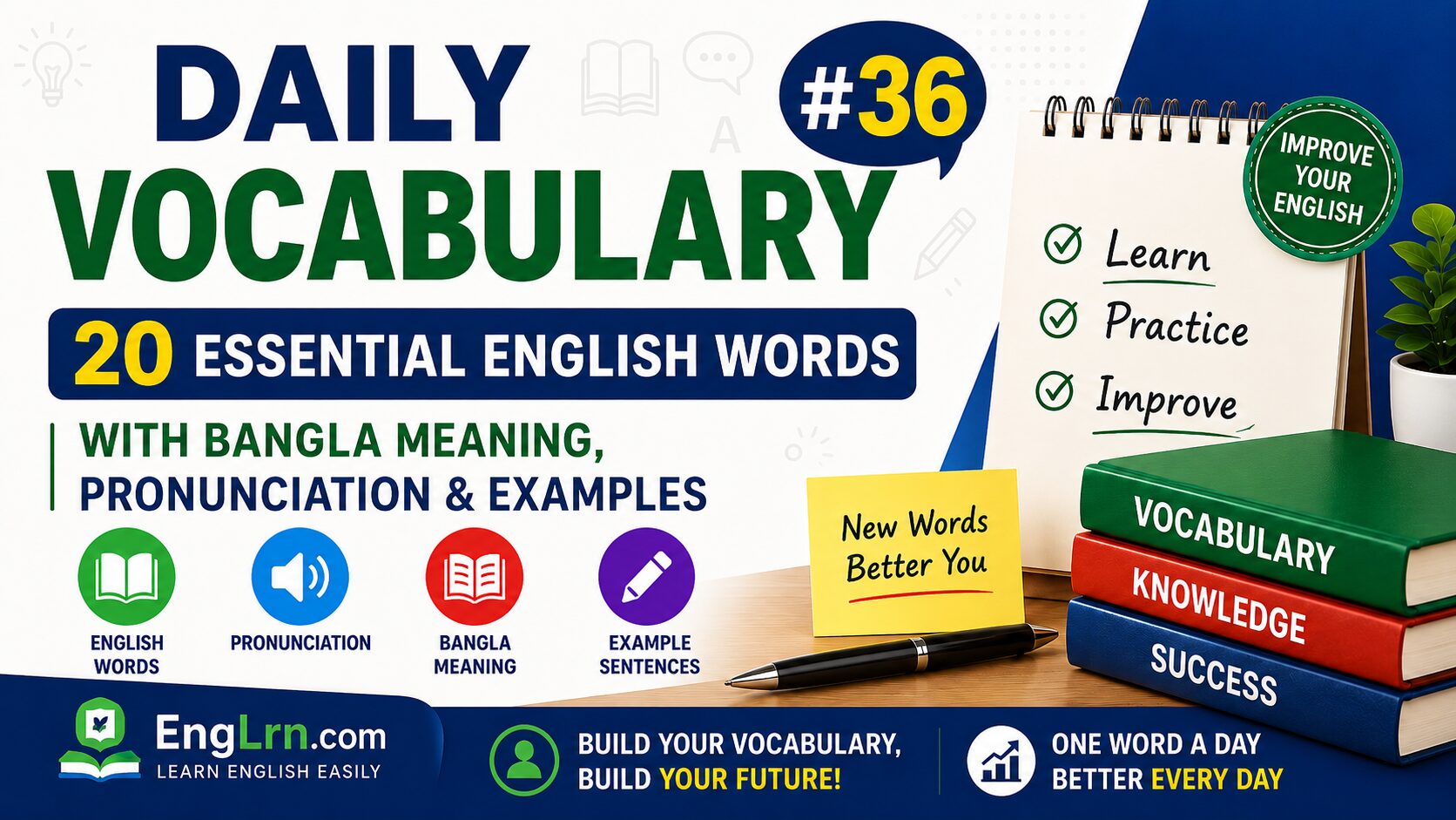 Daily Vocabulary #36, 20 Essential English Words with Bangla Meaning