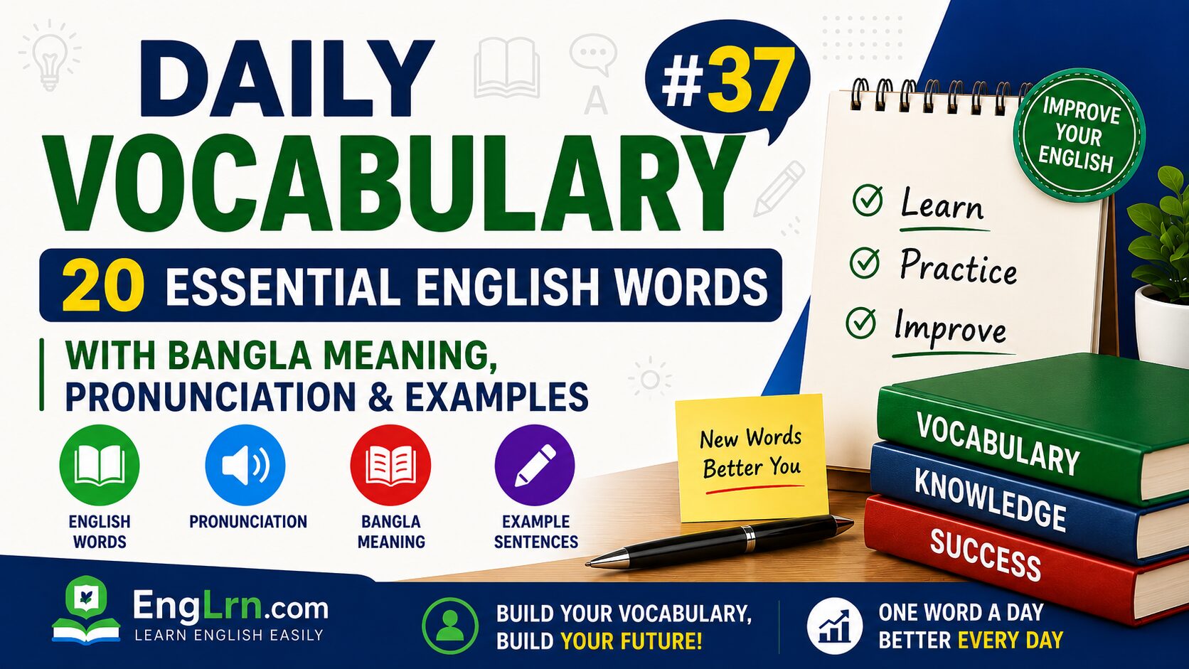 Daily Vocabulary #37, 20 Essential English Words with Bangla Meaning