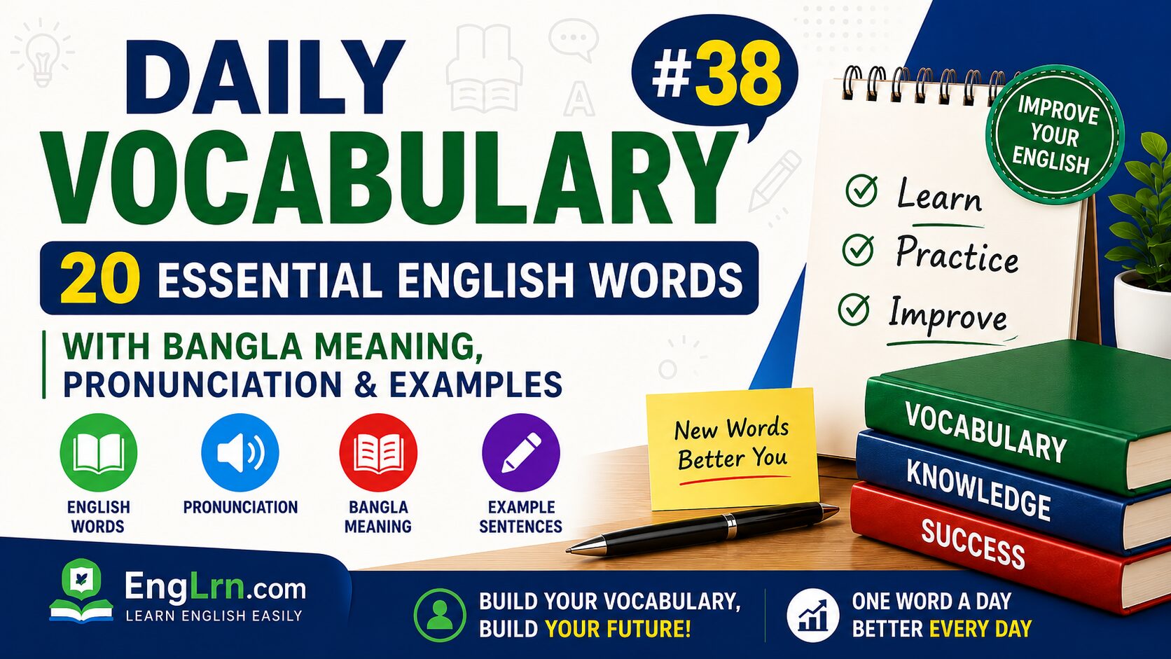 Daily Vocabulary #38, 20 Essential English Words with Bangla Meaning