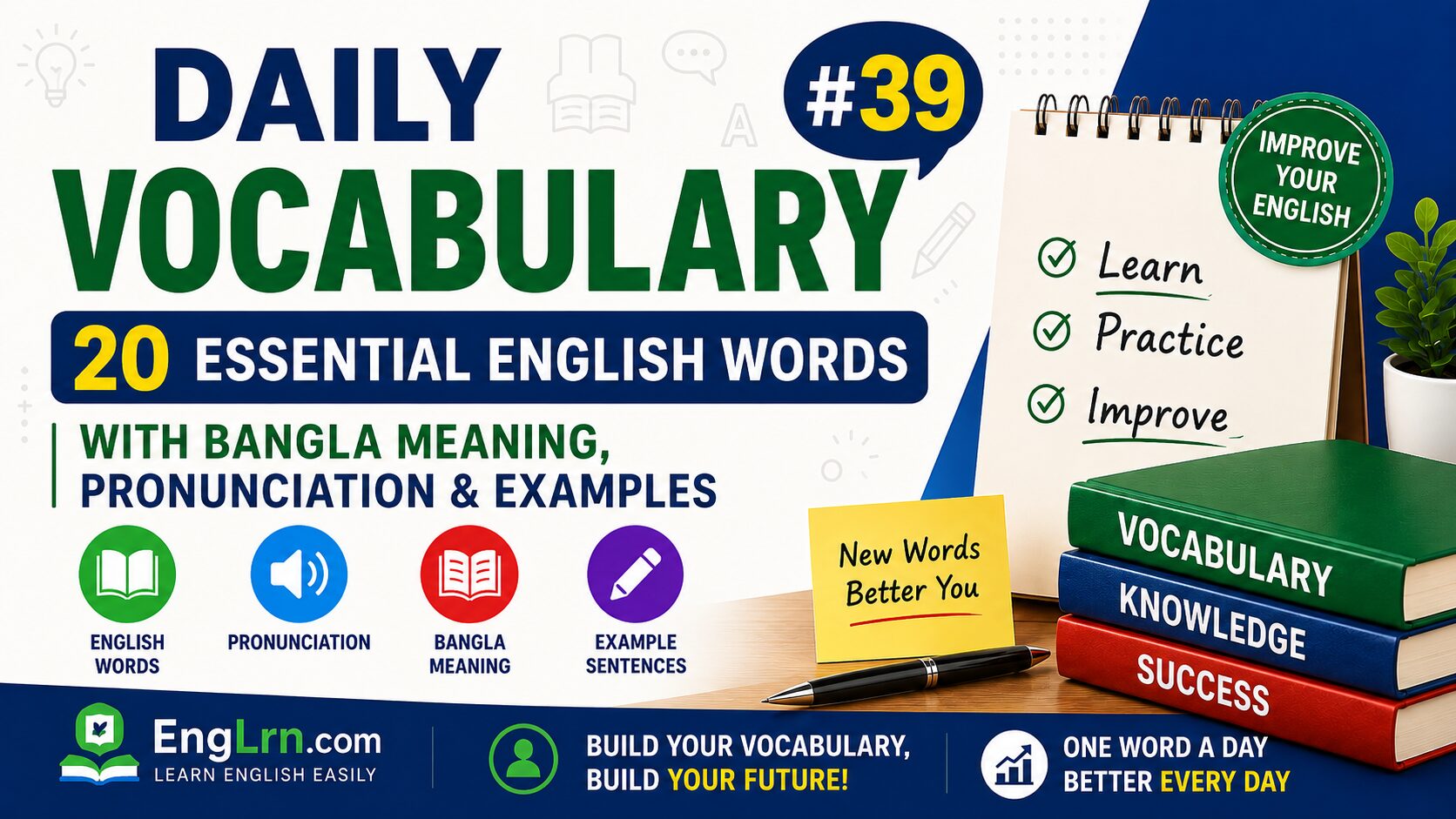 Daily Vocabulary #39, 20 Essential English Words with Bangla Meaning