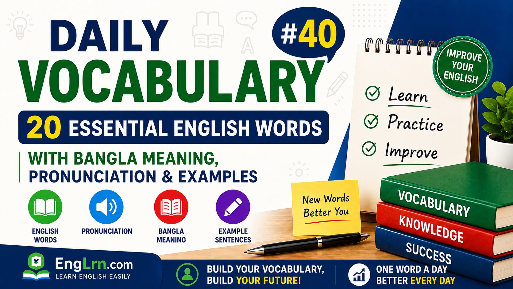 Daily Vocabulary #40, 20 Essential English Words with Bangla Meaning
