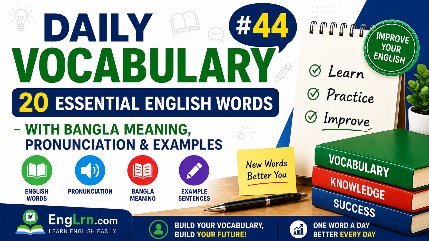 Daily Vocabulary #44, 20 Essential English Words with Bangla Meaning