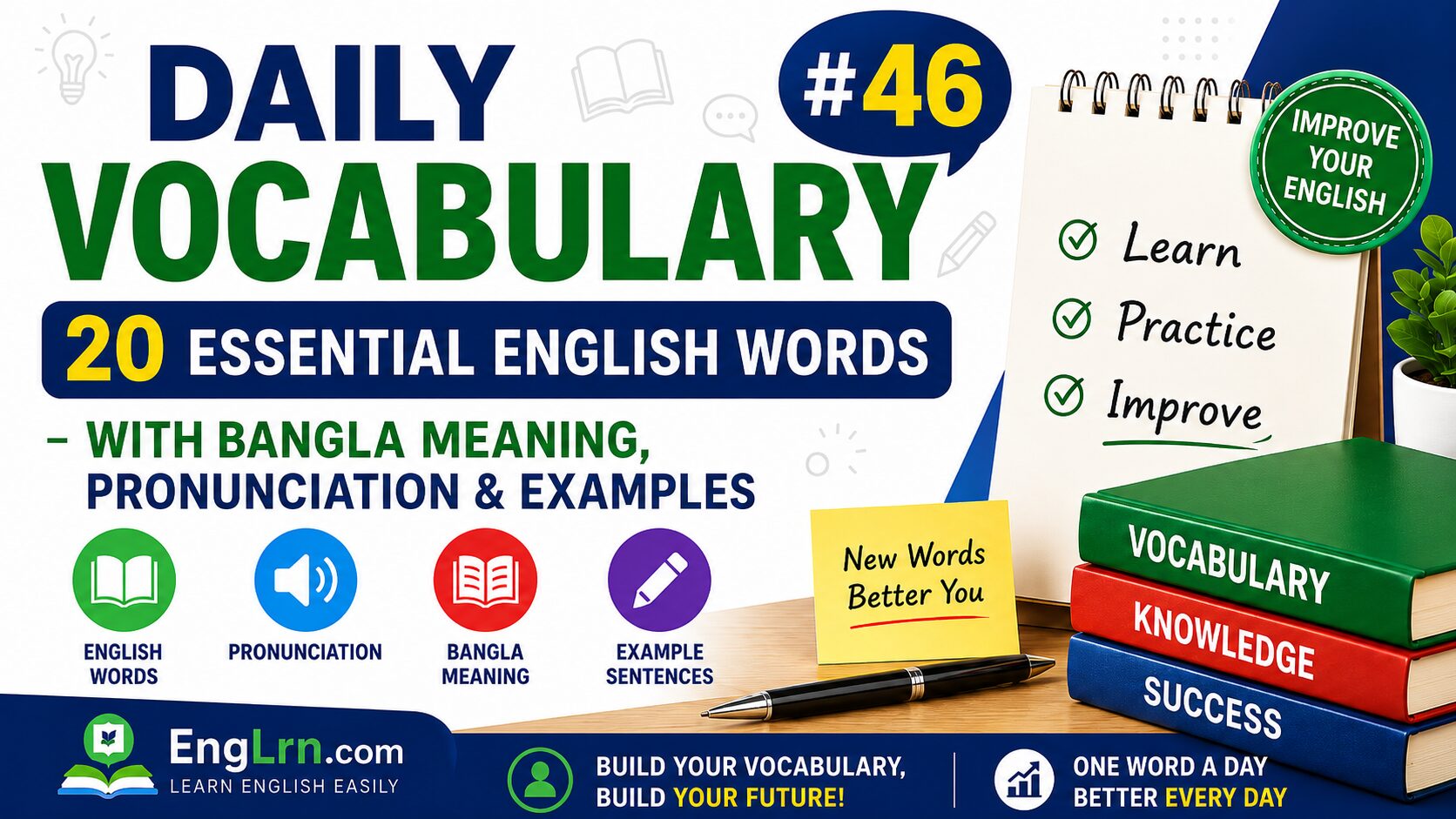 Daily Vocabulary #46, 20 Essential English Words with Bangla Meaning