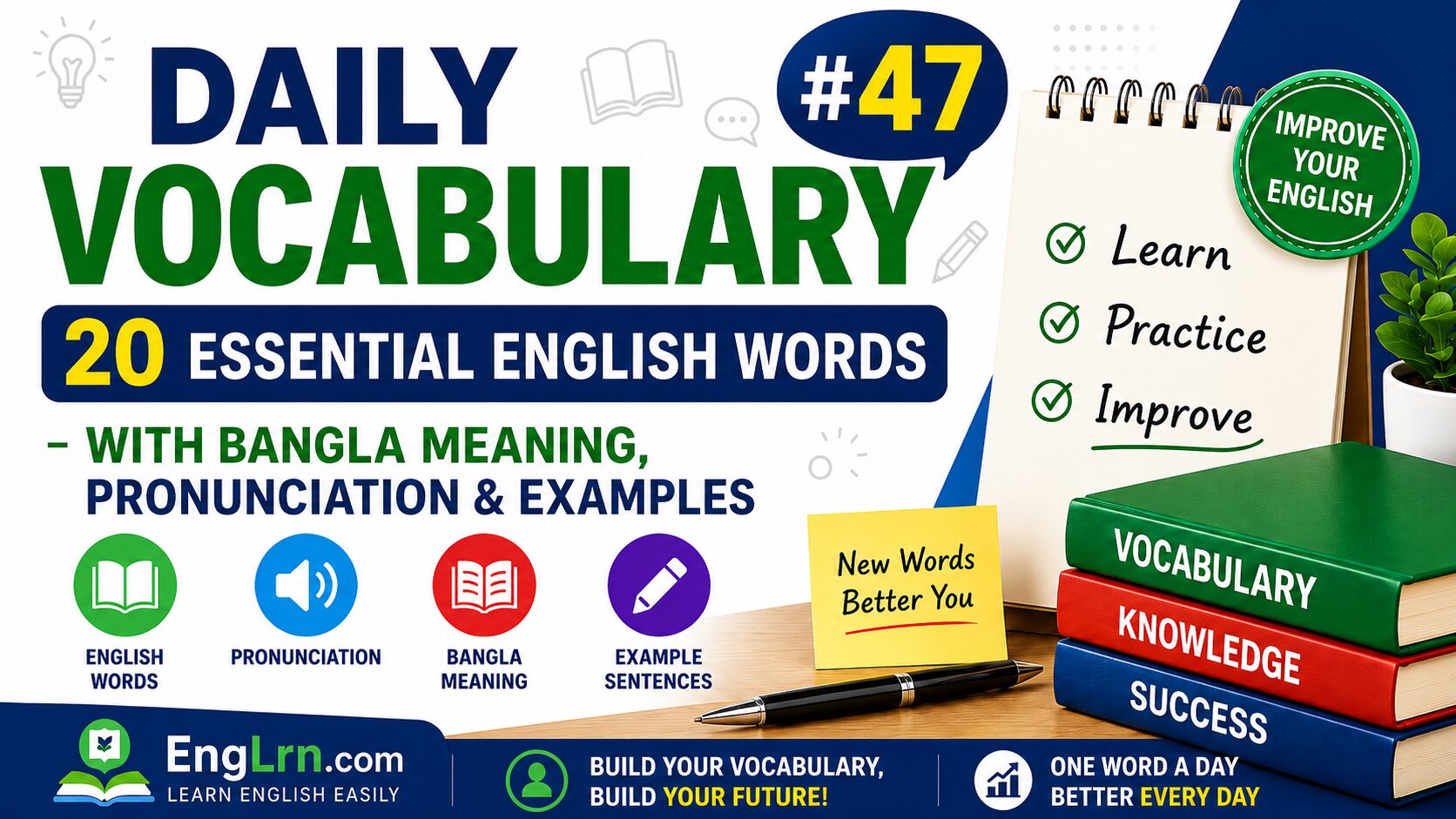 Daily Vocabulary #47, 20 Essential English Words with Bangla Meaning