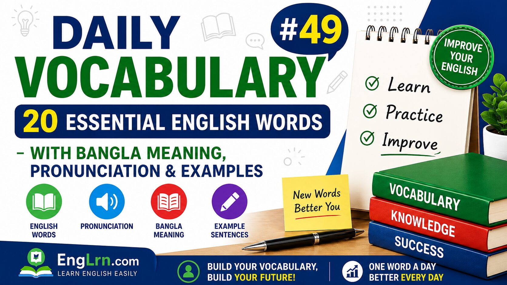 Daily Vocabulary #49, 20 Essential English Words with Bangla Meaning