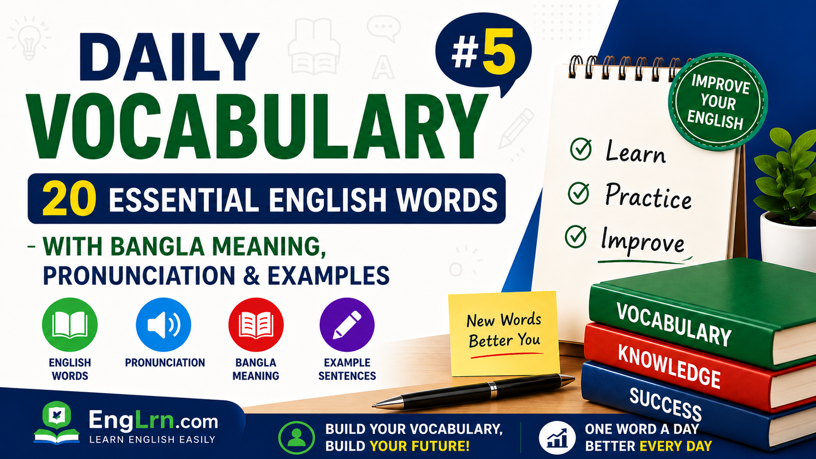 Daily Vocabulary #5 20 Essential English Words with Bangla Meaning