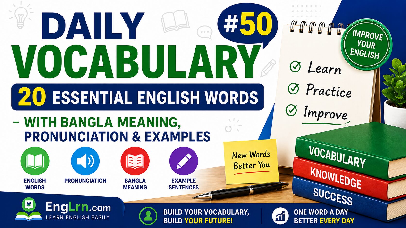 Daily Vocabulary #50, 20 Essential English Words with Bangla Meaning