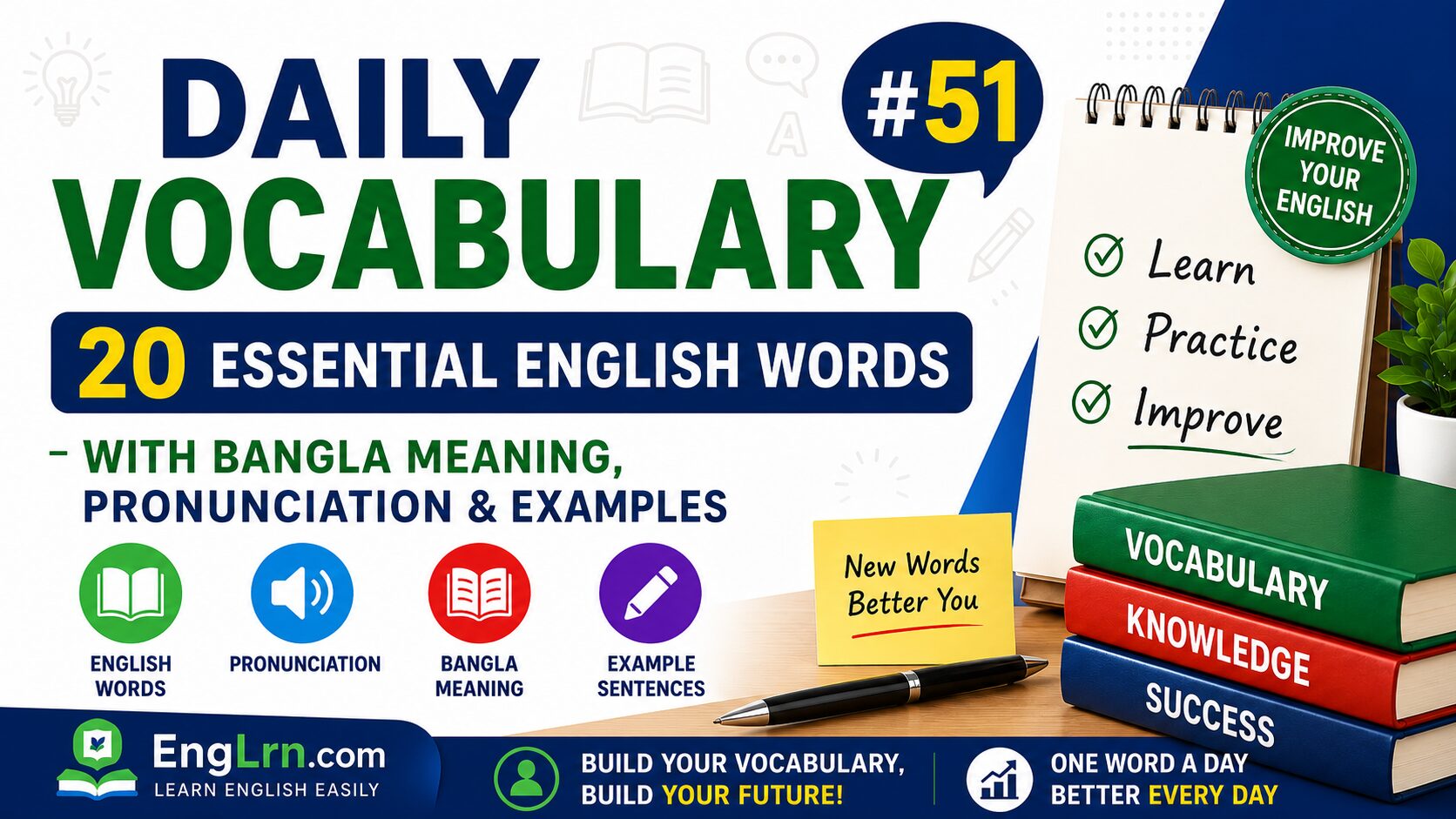 Daily Vocabulary #51, 20 Essential English Words with Bangla Meaning