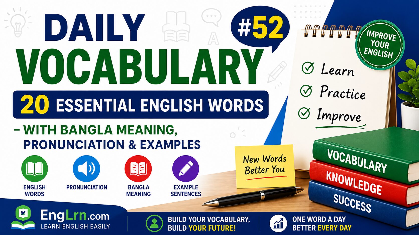 Daily Vocabulary #52, 20 Essential English Words with Bangla Meaning
