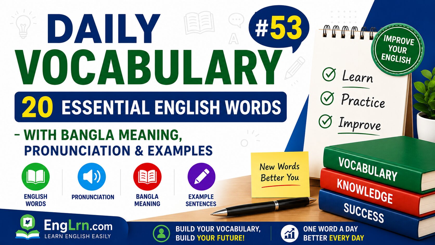 Daily Vocabulary #53, 20 Essential English Words with Bangla Meaning
