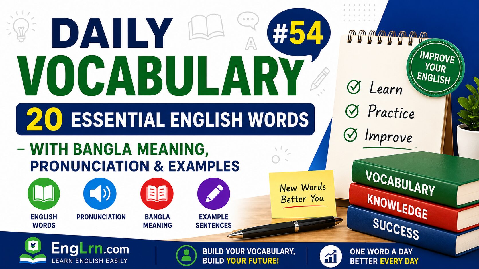 Daily Vocabulary #54, 20 Essential English Words with Bangla Meaning