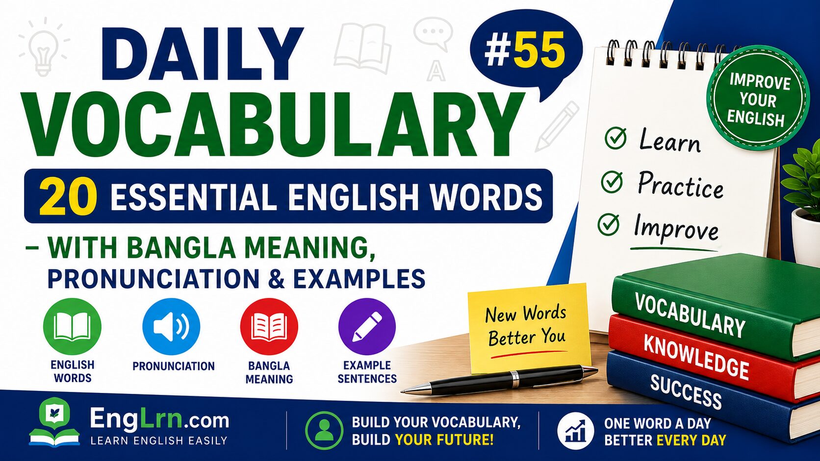 Daily Vocabulary #55, 20 Essential English Words with Bangla Meaning