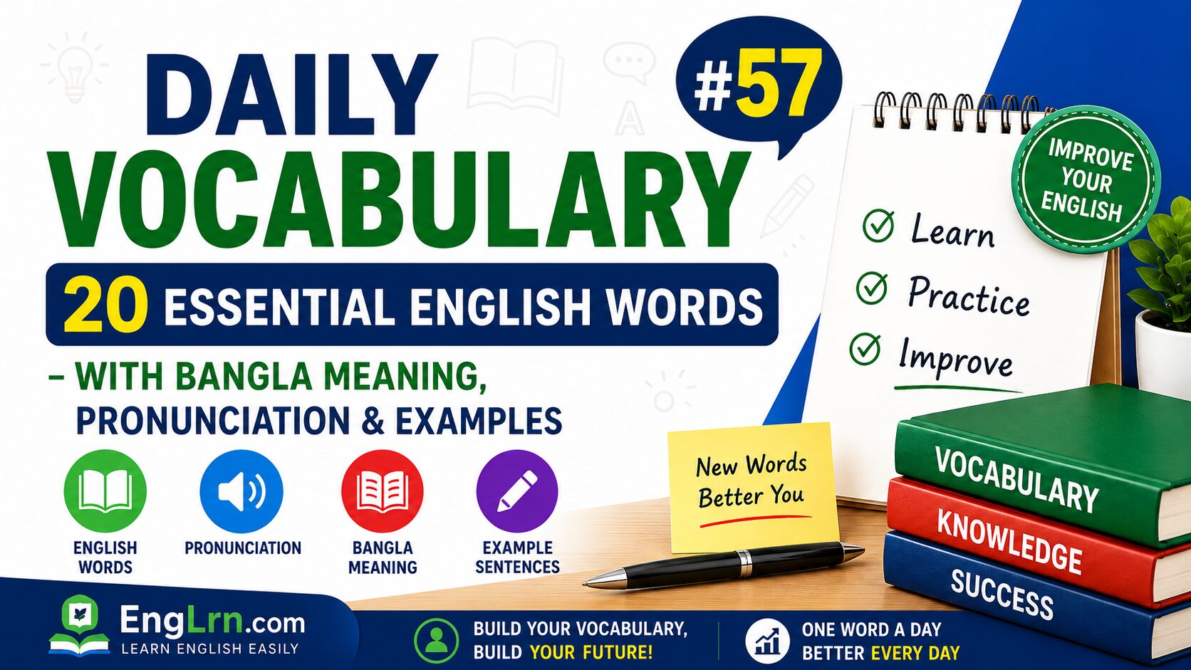 Daily Vocabulary #57, 20 Essential English Words with Bangla Meaning