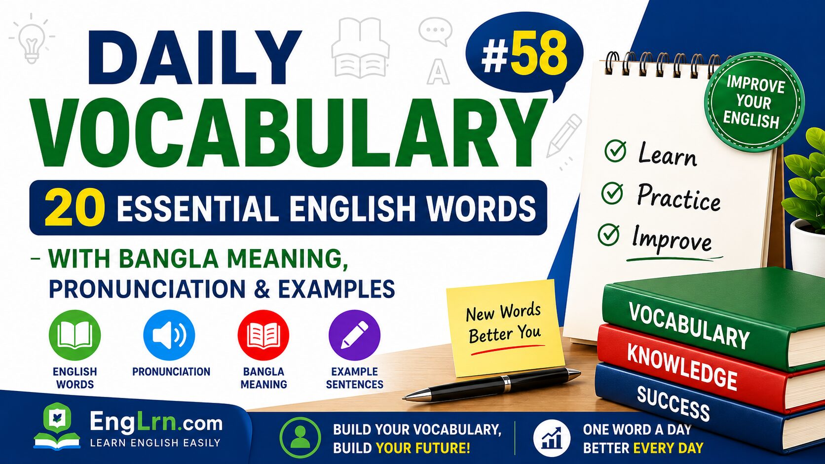Daily Vocabulary #58, 20 Essential English Words with Bangla Meaning