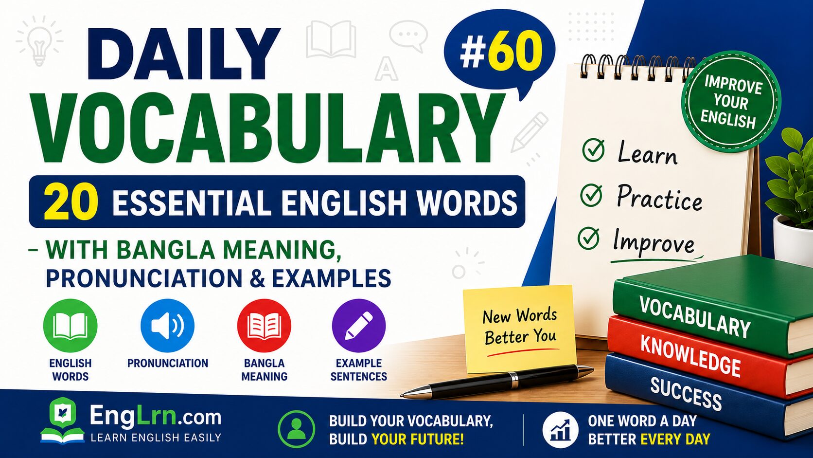 Daily Vocabulary #60, 20 Essential English Words with Bangla Meaning
