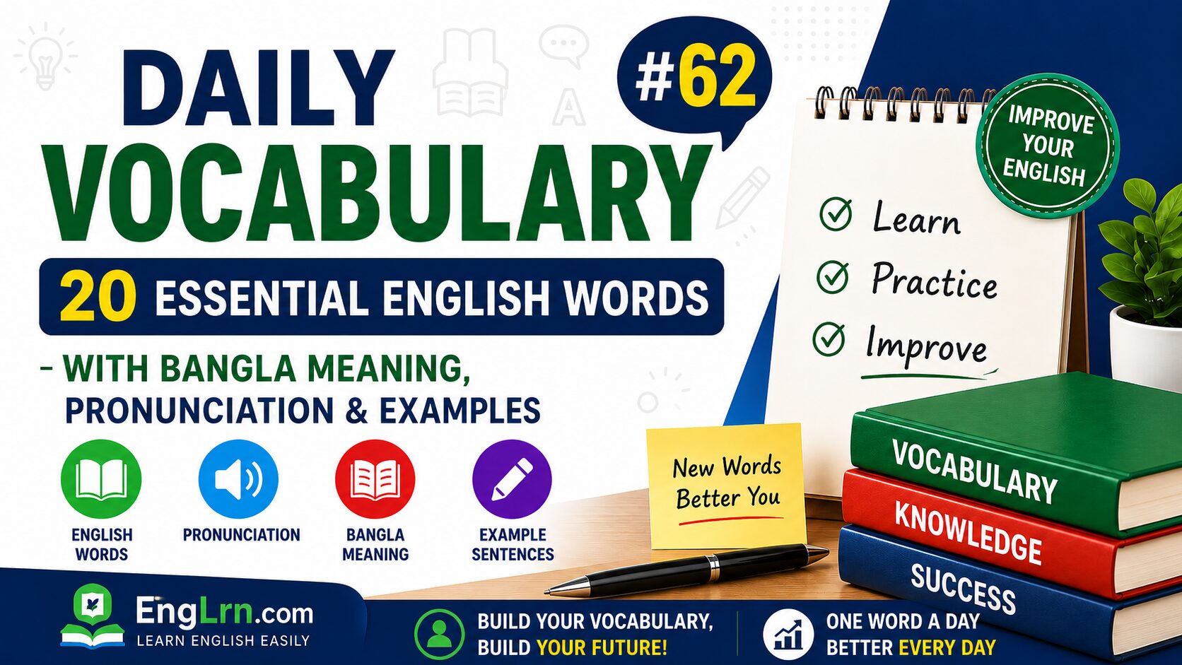 Daily Vocabulary #62, 20 Essential English Words with Bangla Meaning