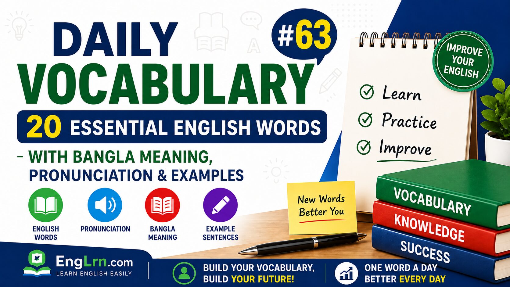 Daily Vocabulary #63, 20 Essential English Words with Bangla Meaning