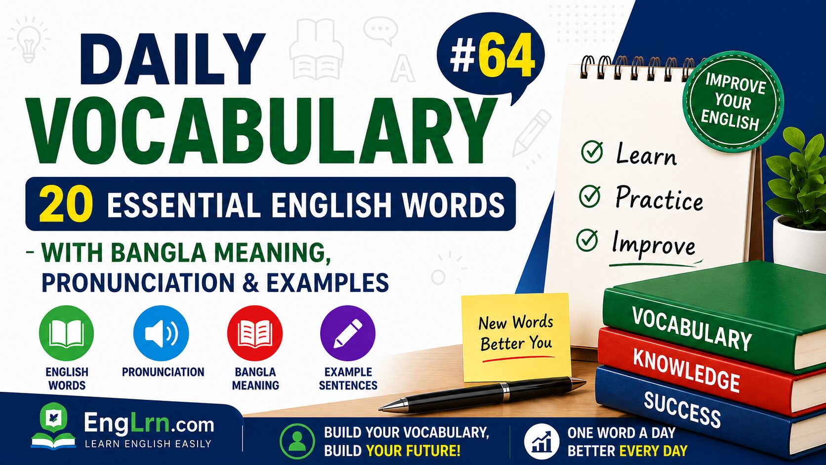 Daily Vocabulary #64, 20 Essential English Words with Bangla Meaning