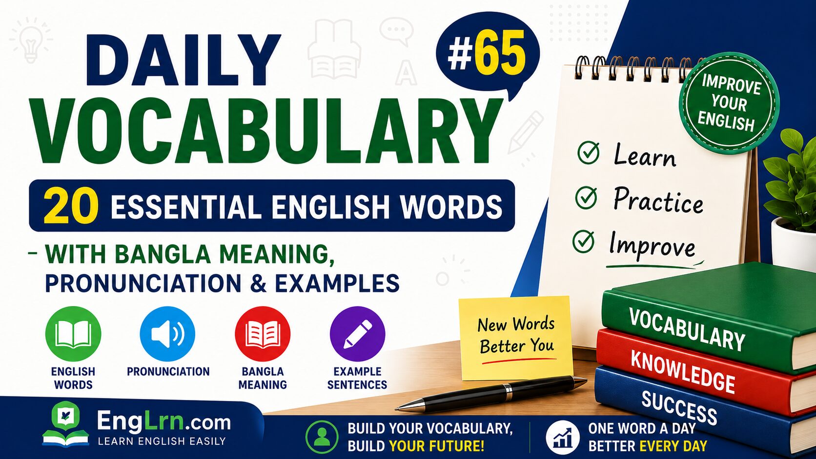 Daily Vocabulary #65, 20 Essential English Words with Bangla Meaning