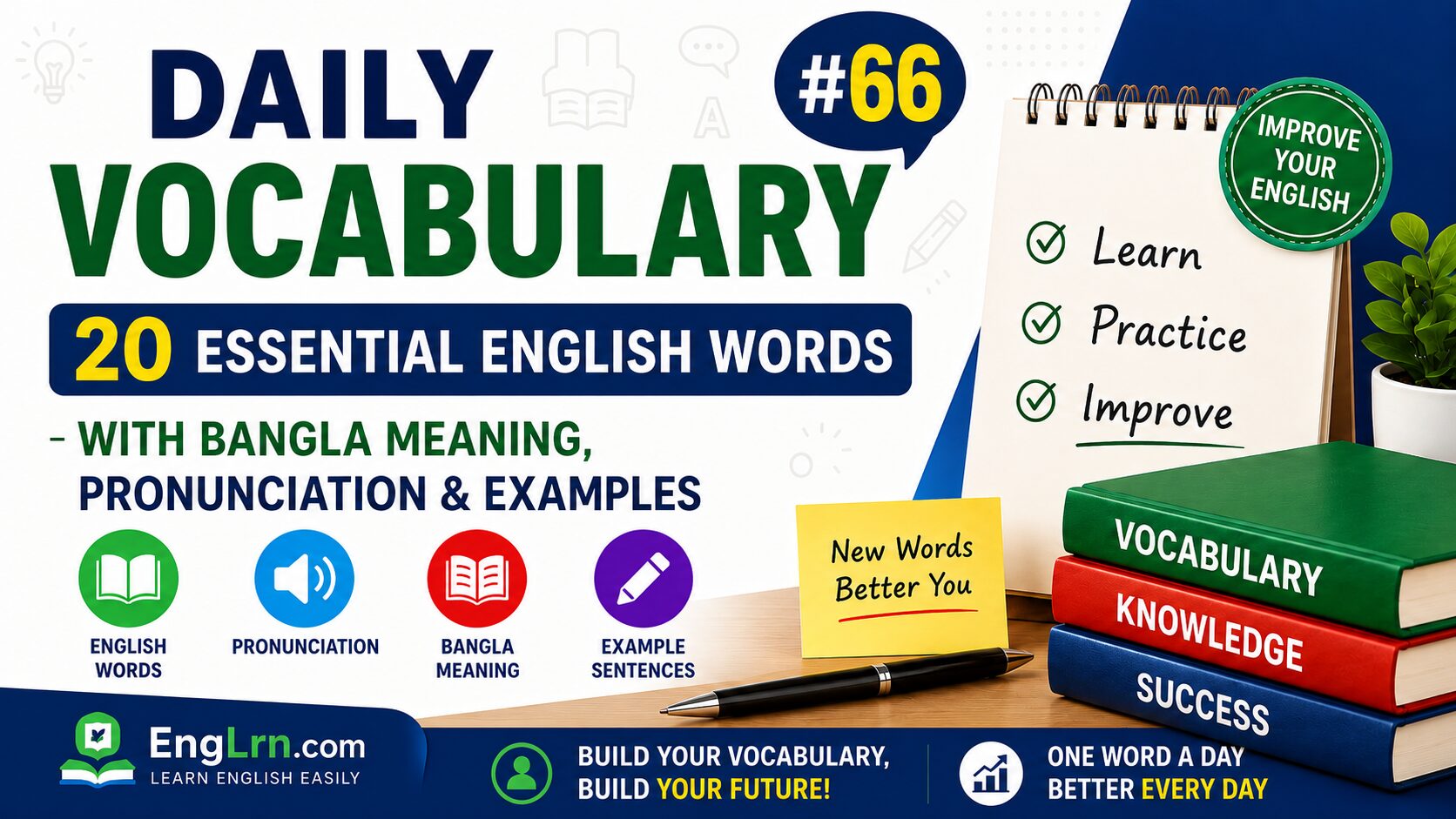 Daily Vocabulary #66, 20 Essential English Words with Bangla Meaning