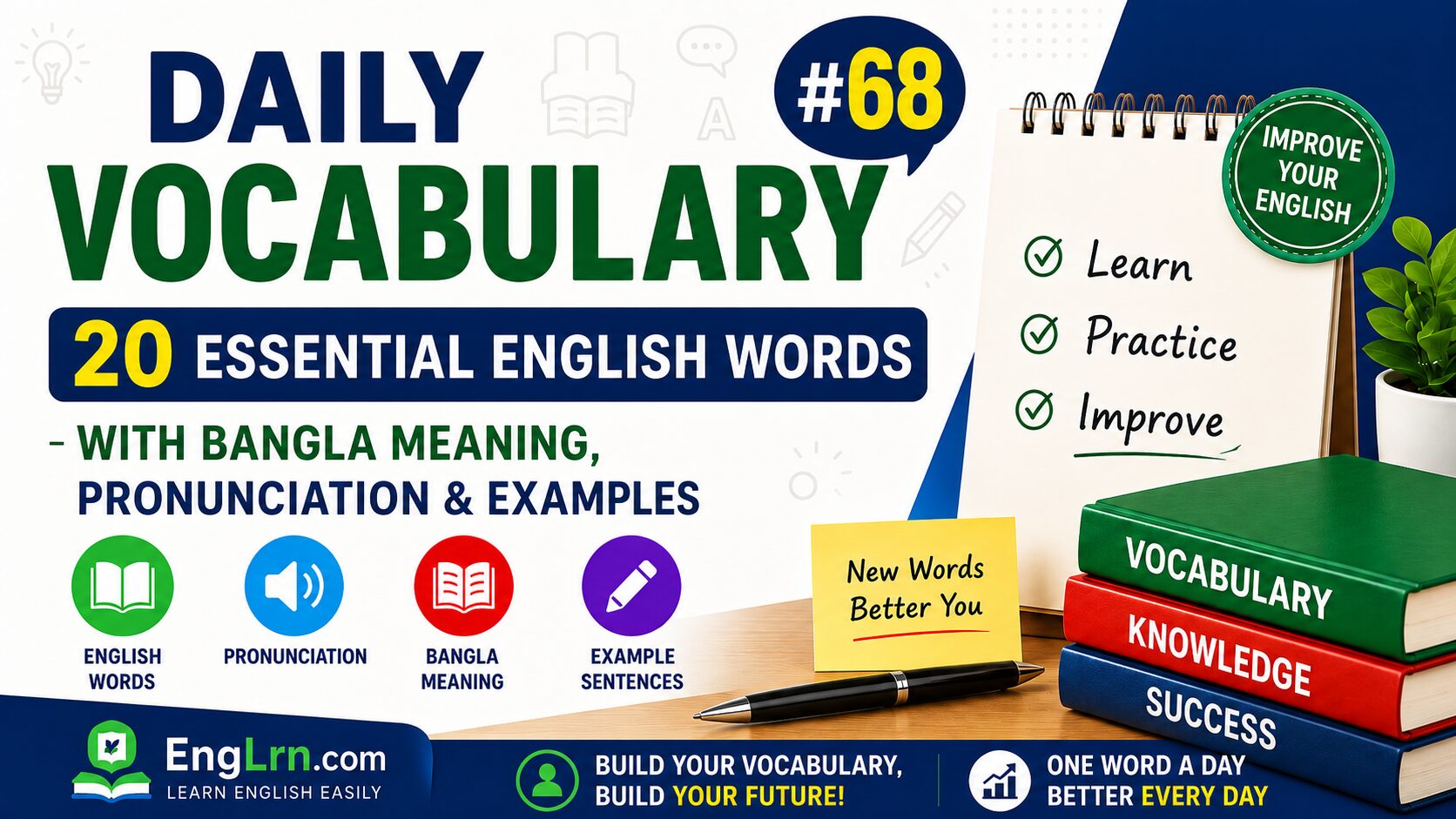 Daily Vocabulary #68, 20 Essential English Words with Bangla Meaning