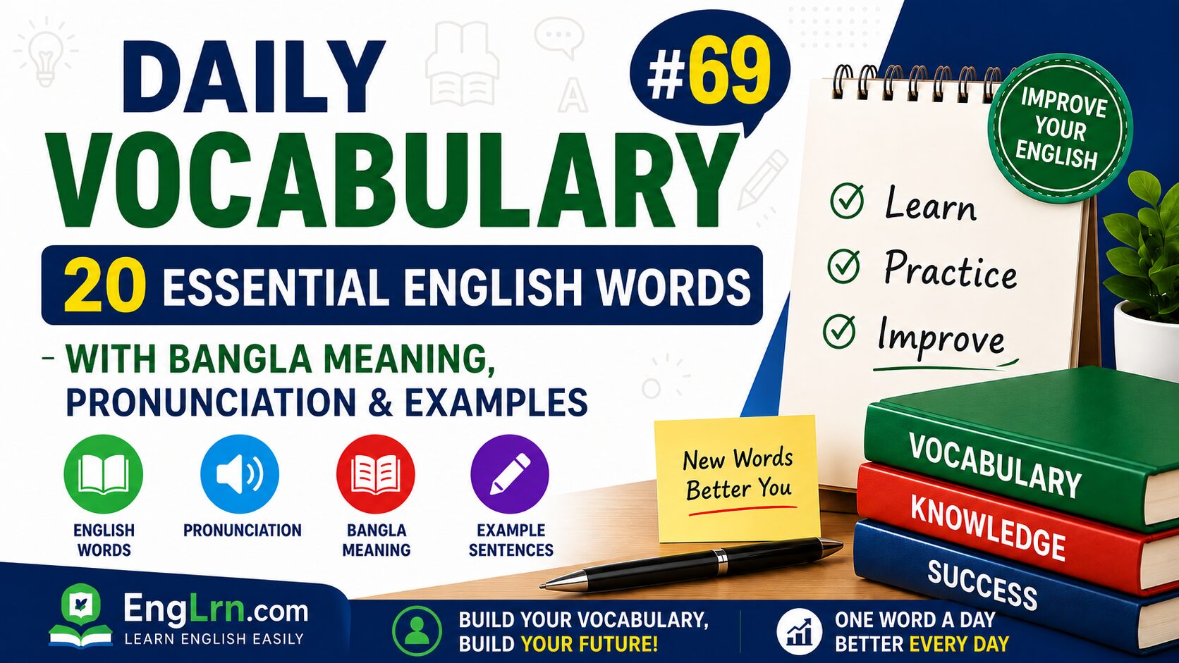 Daily Vocabulary #69, 20 Essential English Words with Bangla Meaning