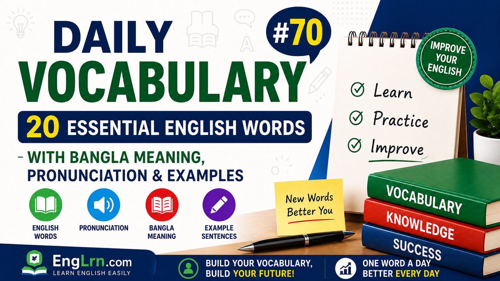 Daily Vocabulary #70, 20 Essential English Words with Bangla Meaning