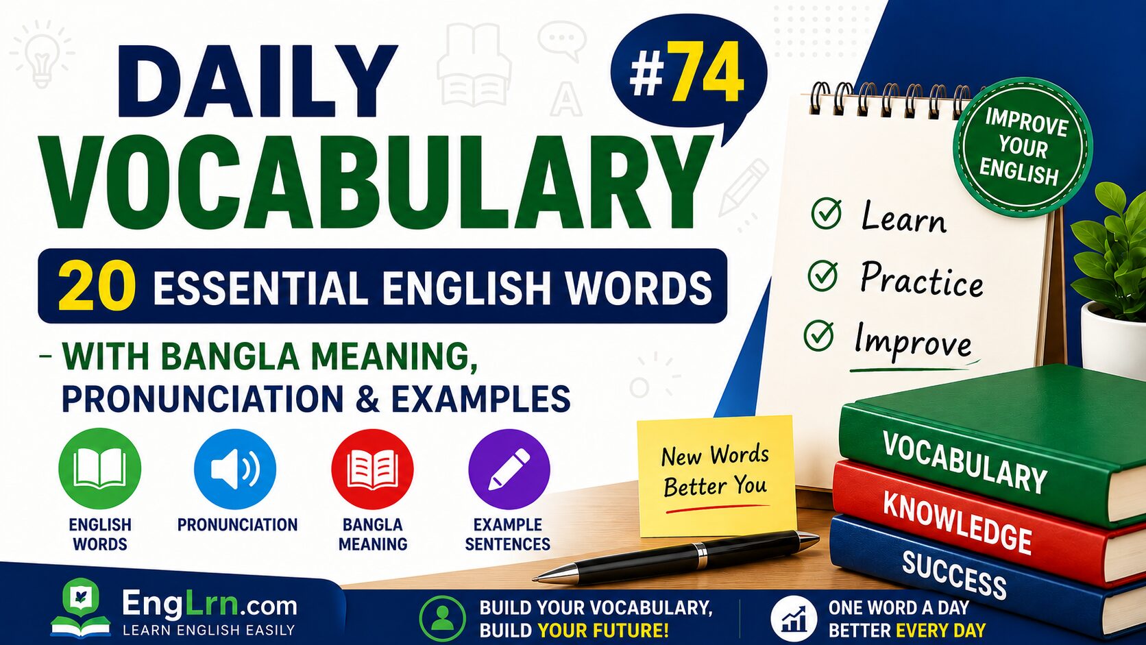 Daily Vocabulary #74, 20 Essential English Words with Bangla Meaning