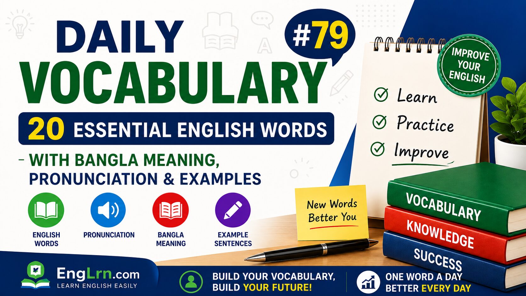 Daily Vocabulary #79, 20 Essential English Words with Bangla Meaning