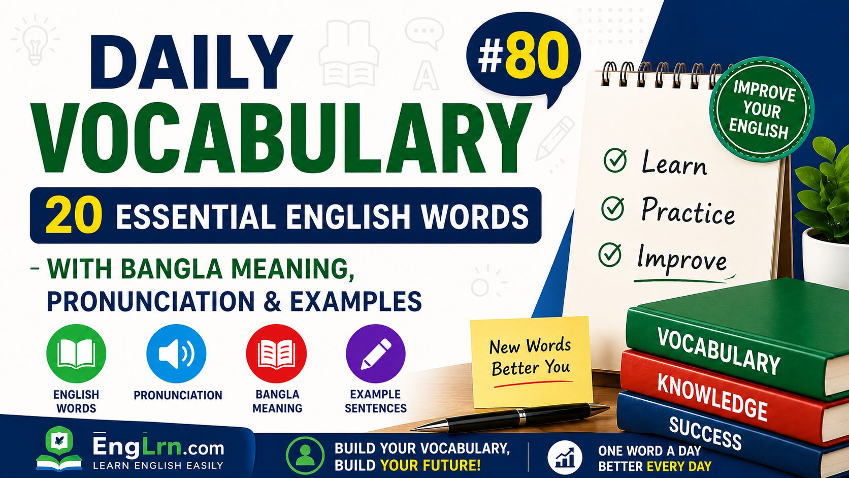 Daily Vocabulary #80, 20 Essential English Words with Bangla Meaning
