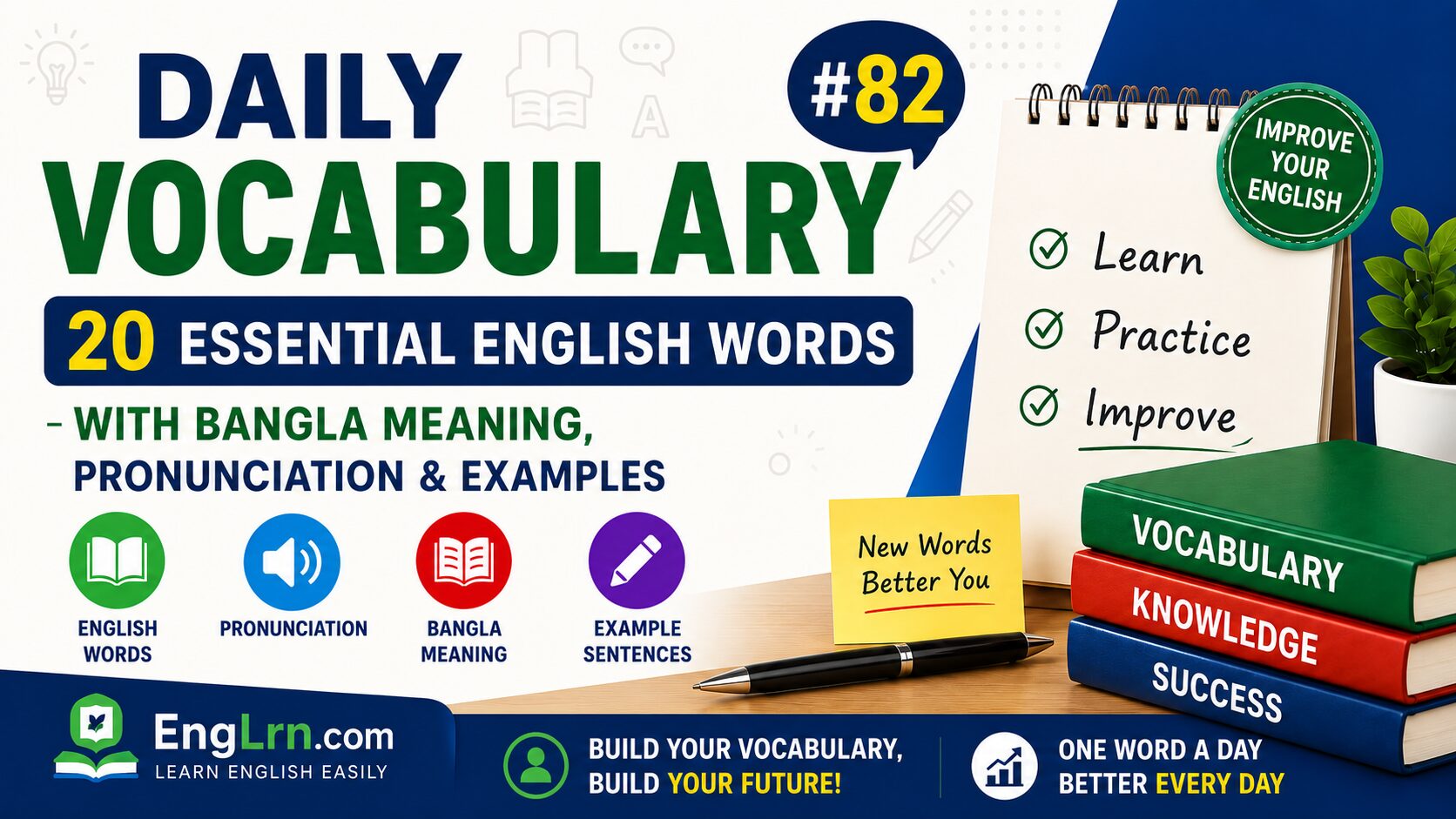 Daily Vocabulary #82, 20 Essential English Words with Bangla Meaning