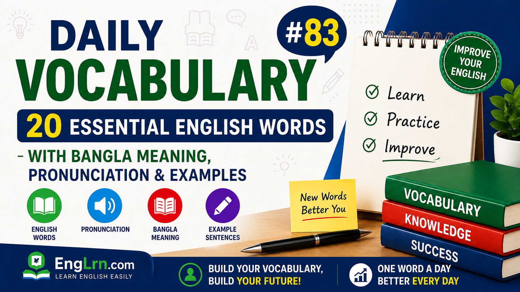 Daily Vocabulary #83, 20 Essential English Words with Bangla Meaning
