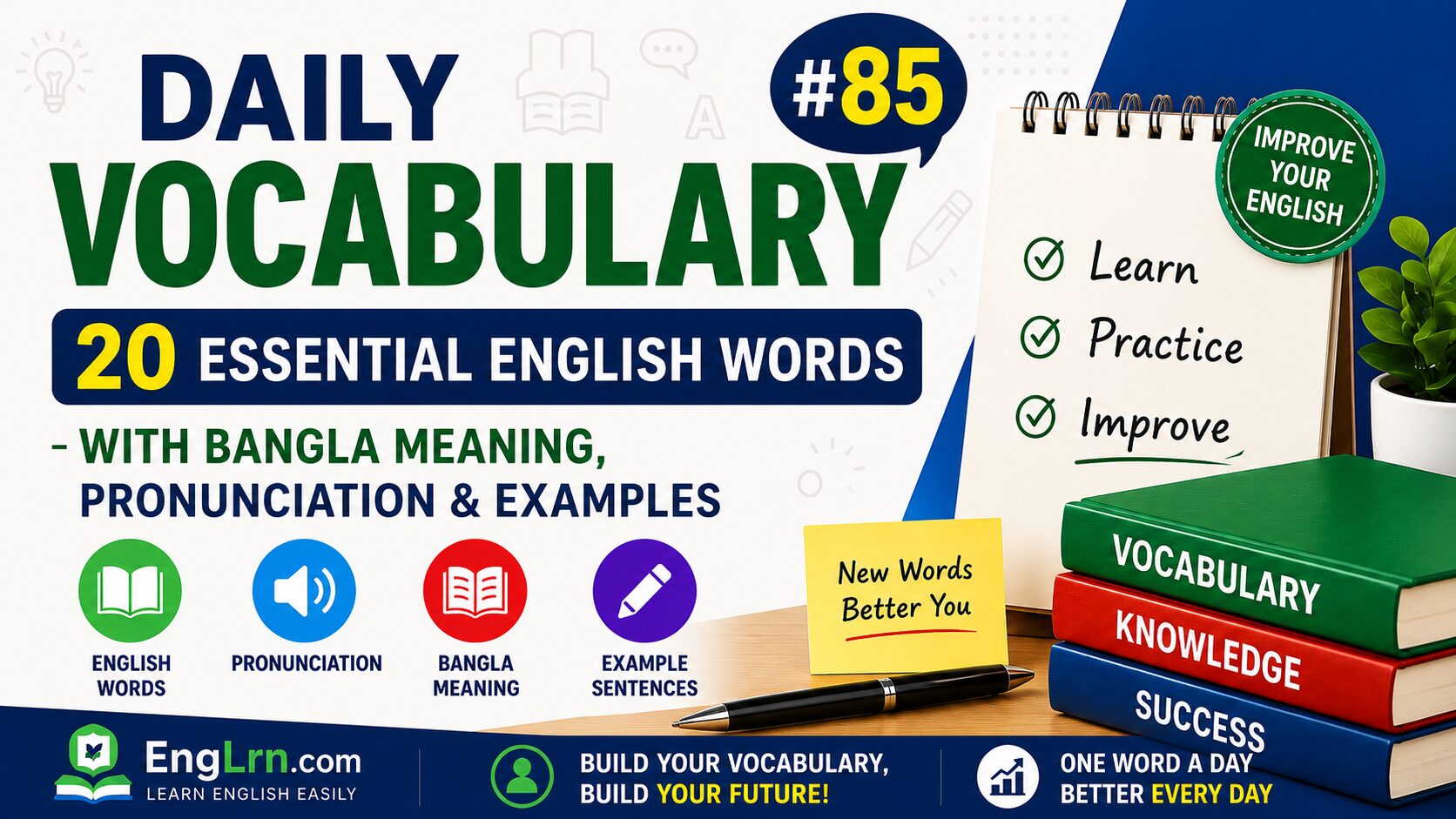 Daily Vocabulary #85, 20 Essential English Words with Bangla Meaning