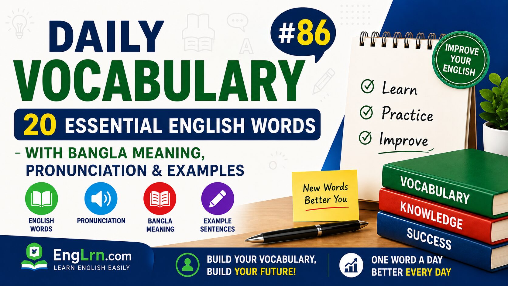 Daily Vocabulary #86, 20 Essential English Words with Bangla Meaning